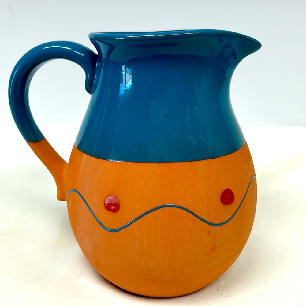 Vintage blue glazed terra cotta pitcher made in Portugal for Himark